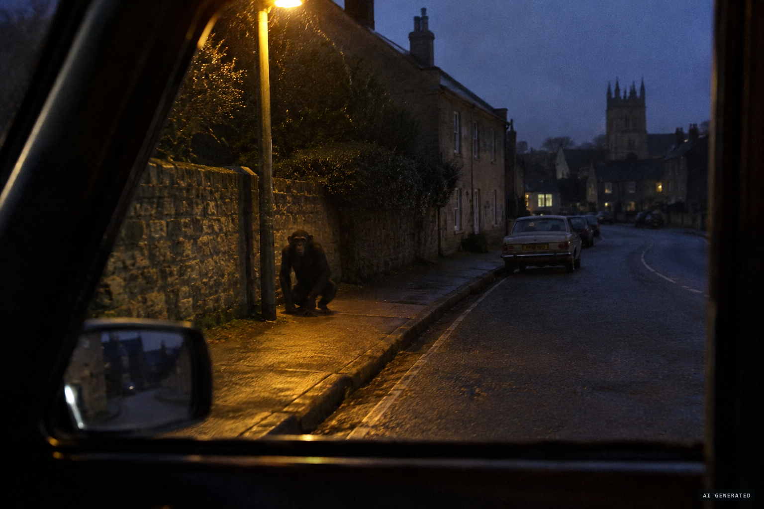 A taxi driver sees a chimpanzee on the pavement
