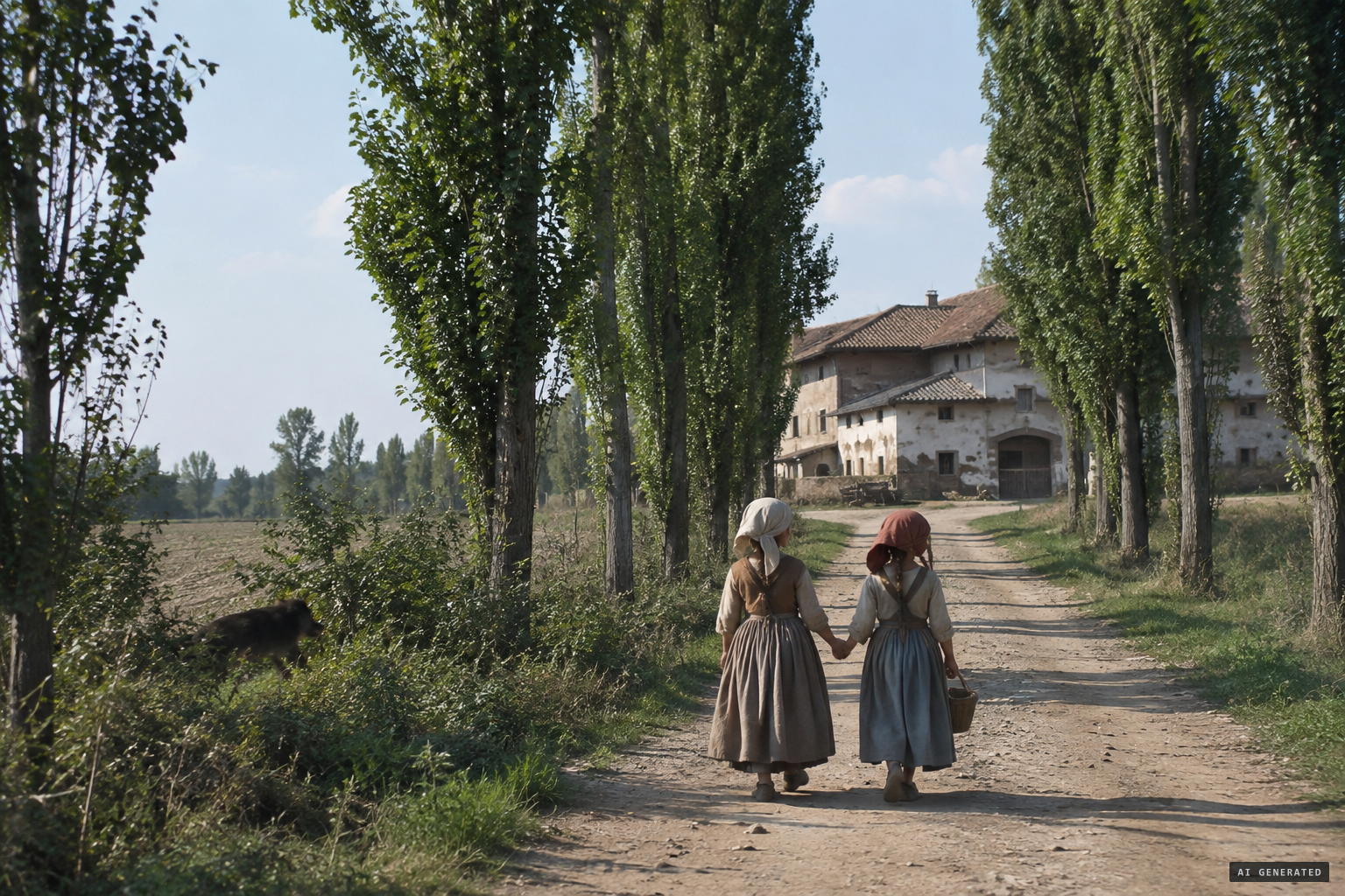 Giuseppa Suracchi walking with her sister on the road to Cascina Pobbia