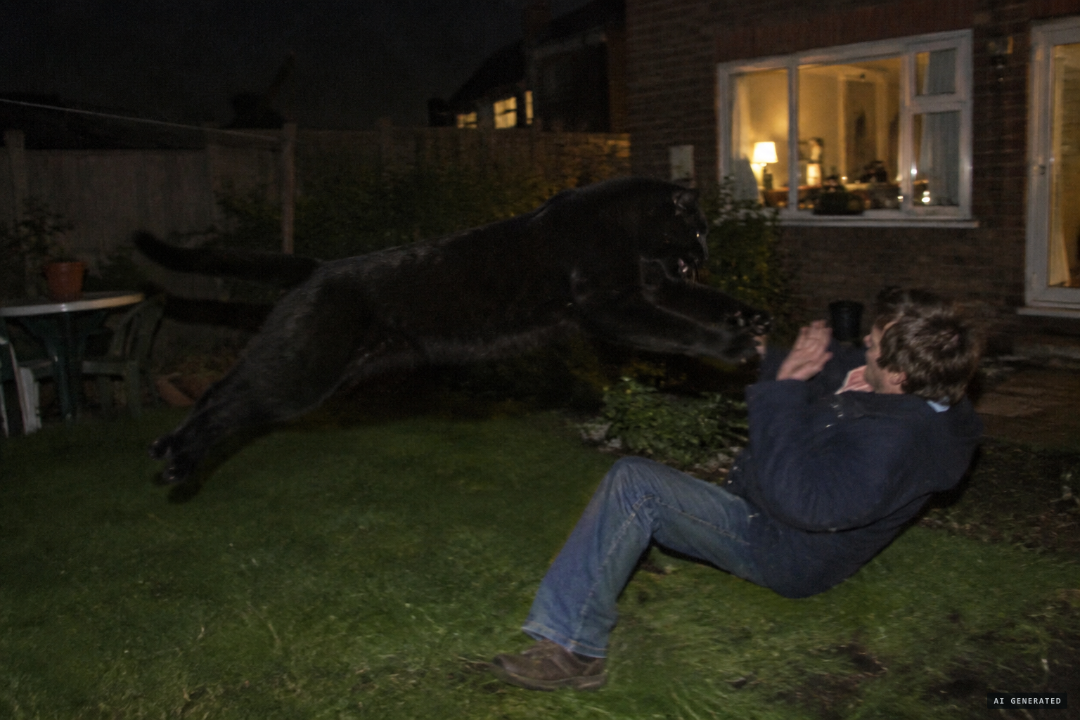 The big black animal pounces and knocks him flying.