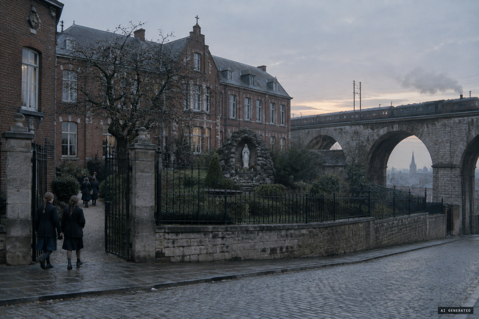 The boarding school at Beauraing, with the railway viaduct, the grotto and the hawthorn by the gate