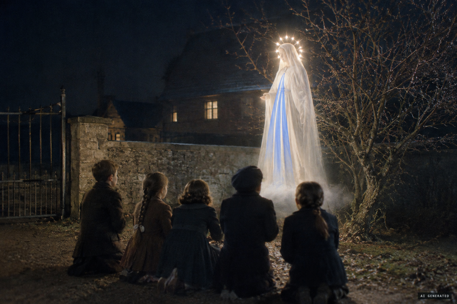 The lady at the hawthorn, crowned with light, and the children thrown to their knees