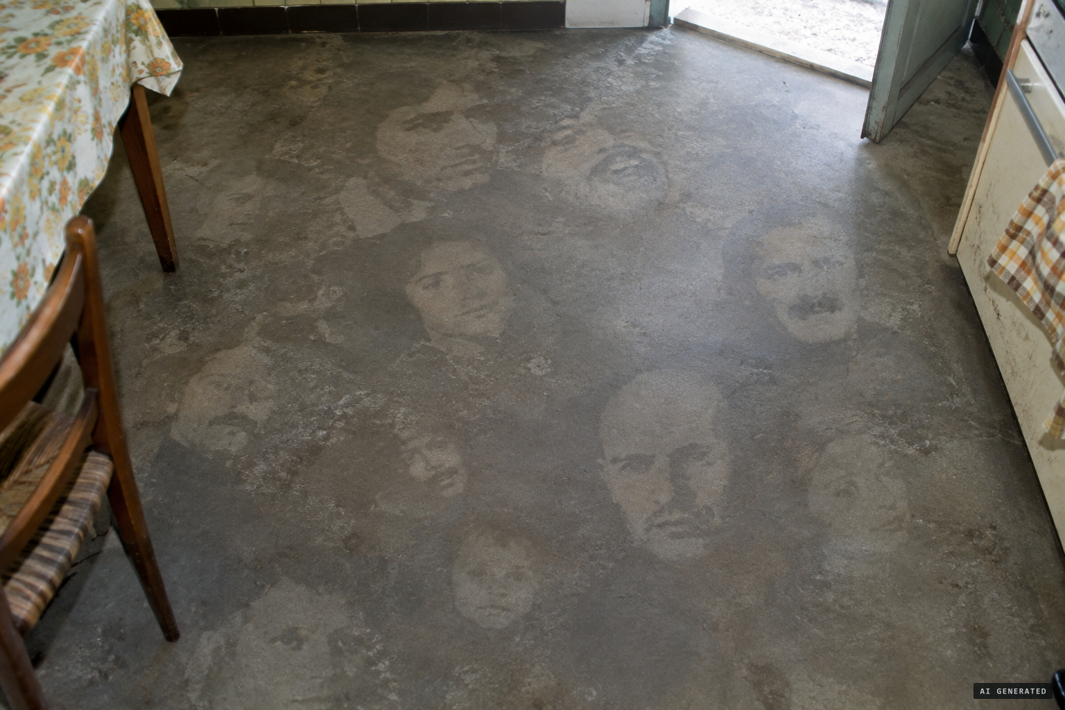 Faces of men and women, different sizes and expressions, sometimes overlapping