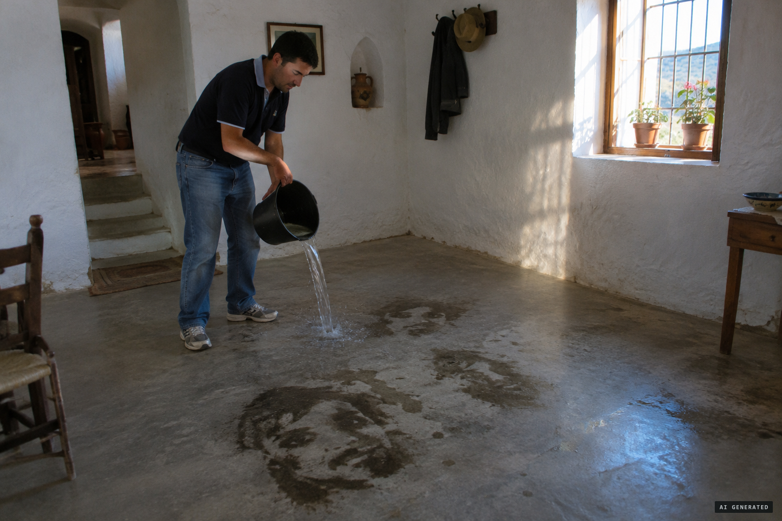 Máñez shows that wetting the floor brings out matching faces