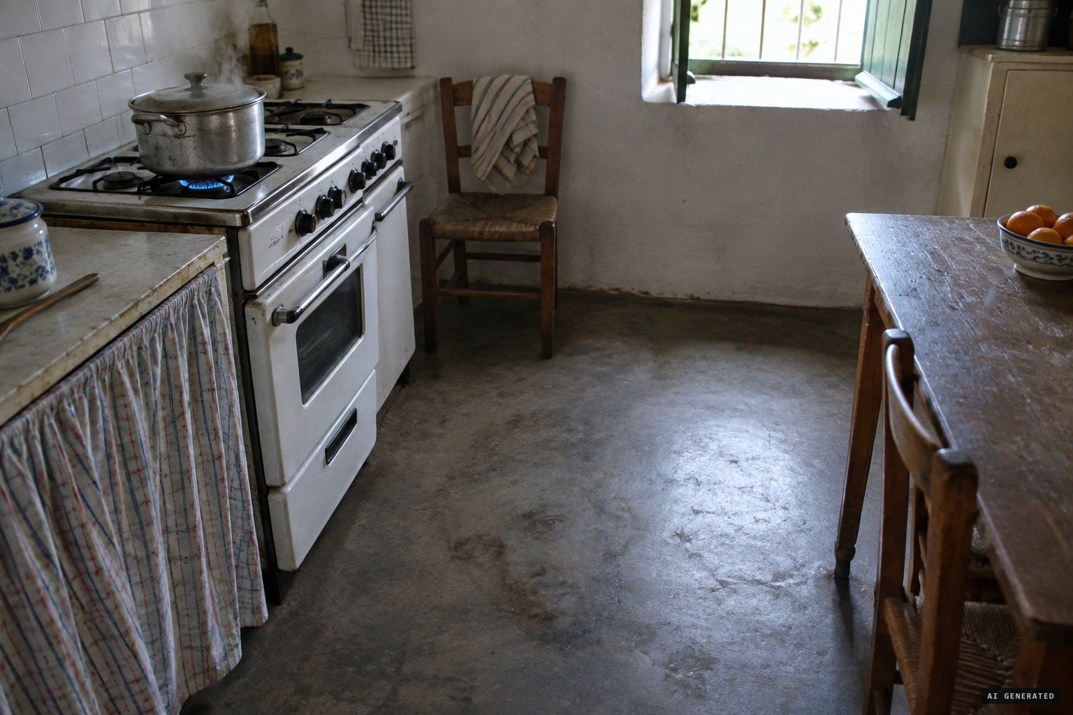 A face forming in the concrete kitchen floor