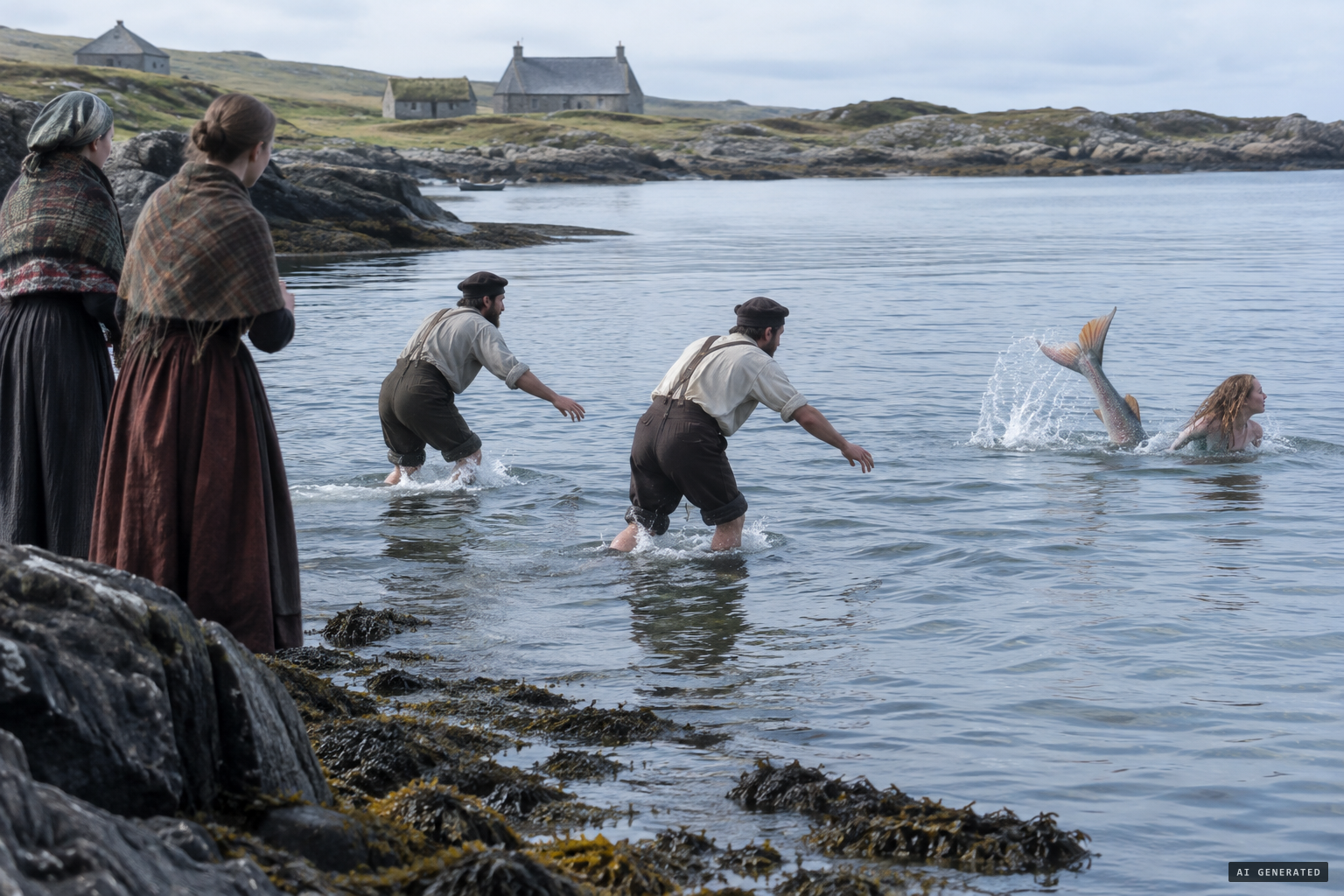 Men wade in to seize the creature as she somersaults away