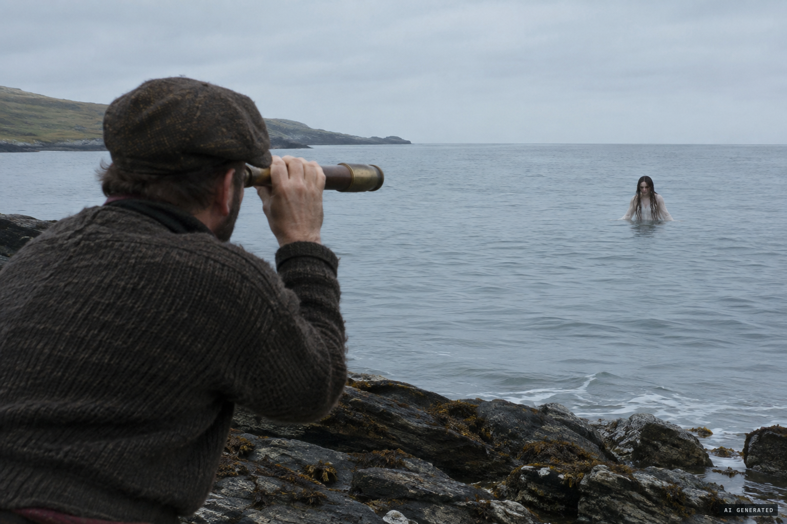 Colin Campbell watches a figure through a telescope off Barra
