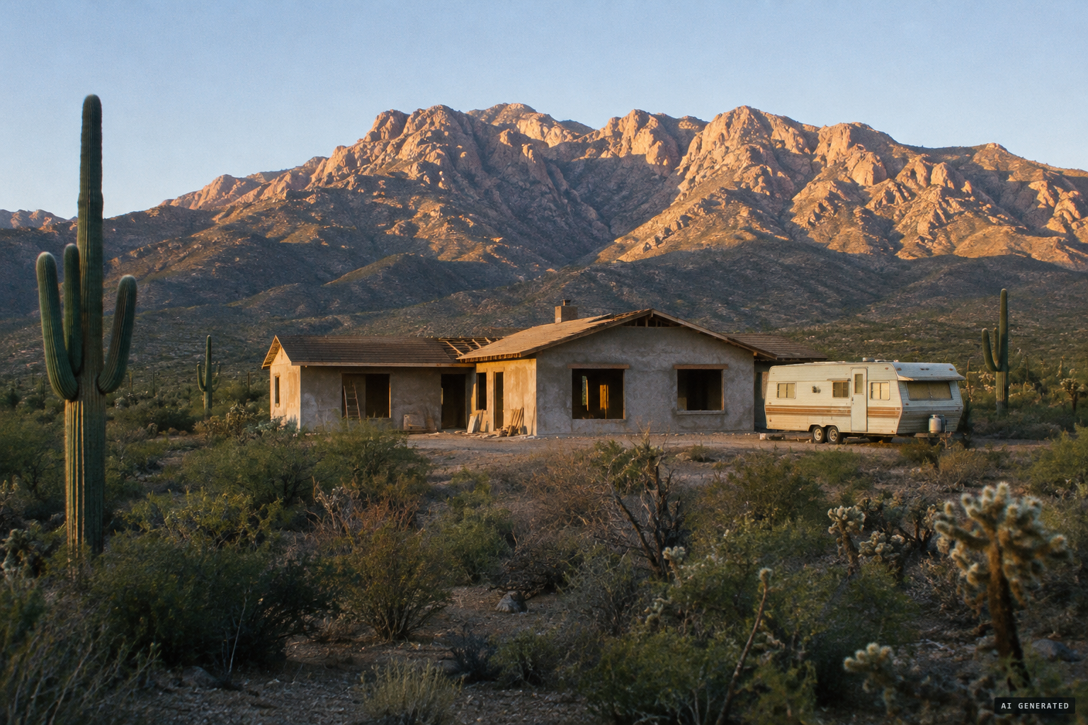 The Berkbiglers' unfinished new house on five acres of desert brush below the Santa Catalinas
