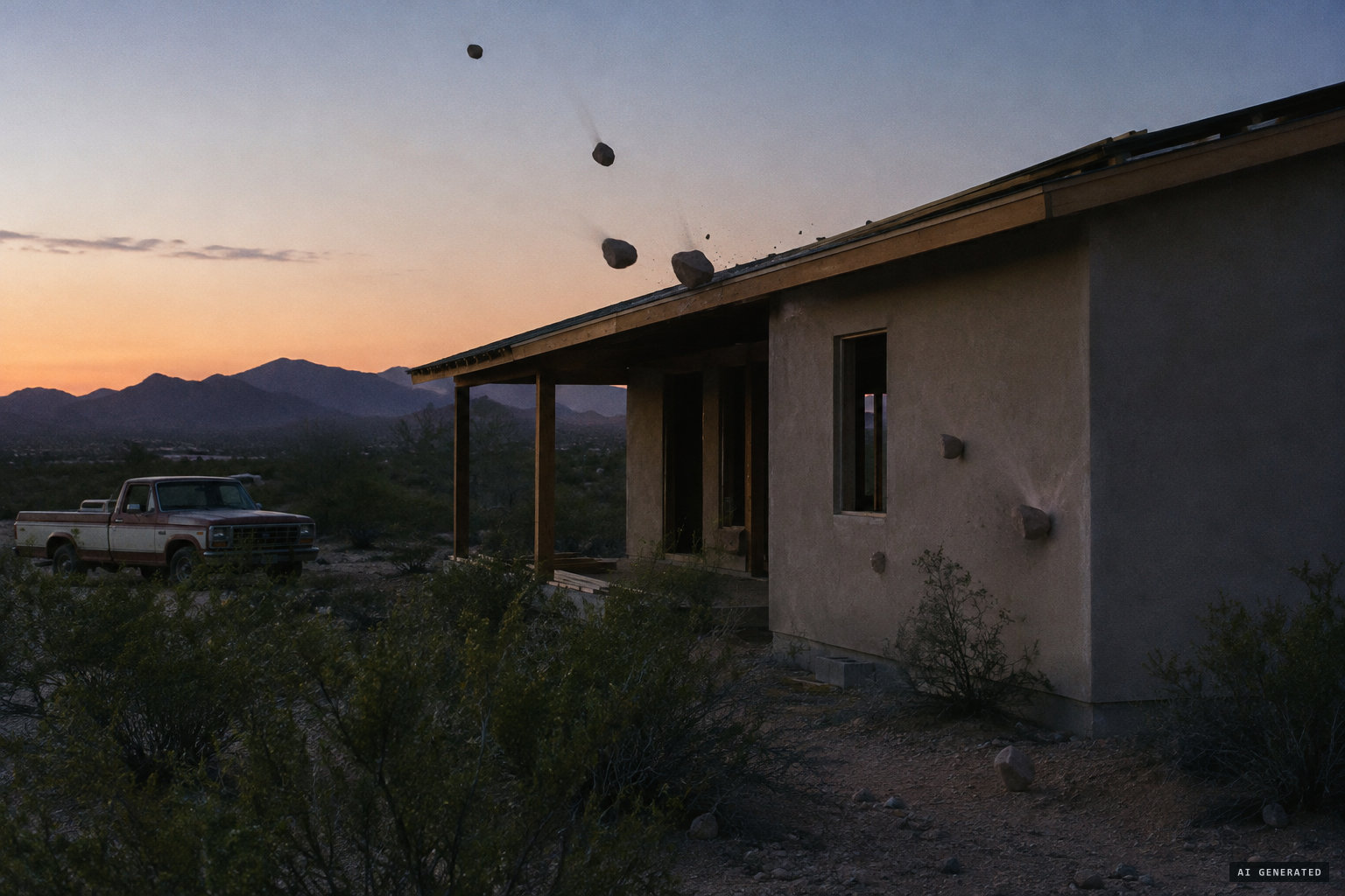 Fist-sized stones land on the roof and strike the house directly