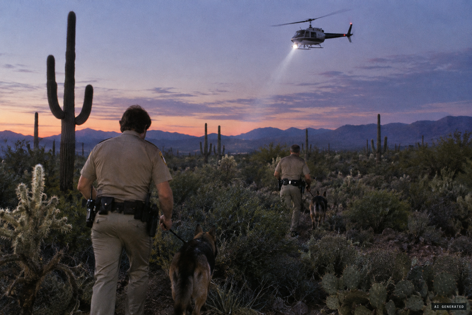 Sheriff's deputies comb the brush with a helicopter and dogs