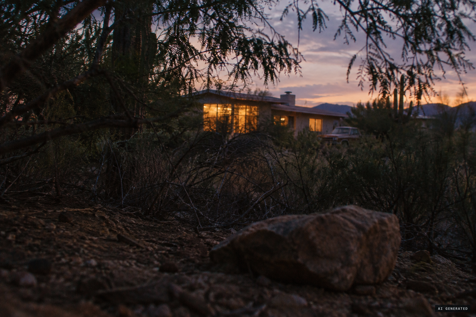 The simpler reading: a hidden thrower in thick brush at dusk