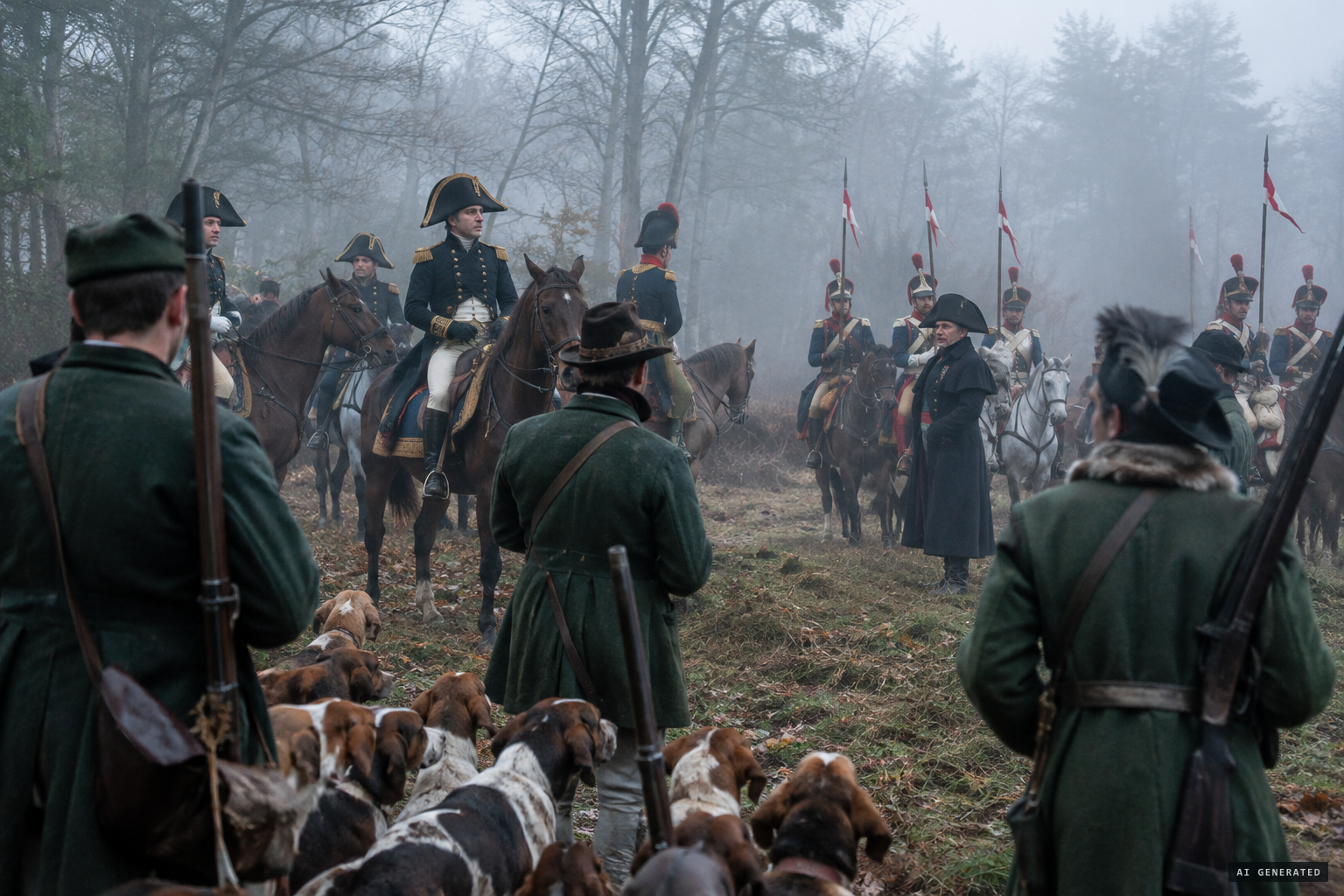 The prefect's battue with louvetiers, foresters and the Royal Lancers.