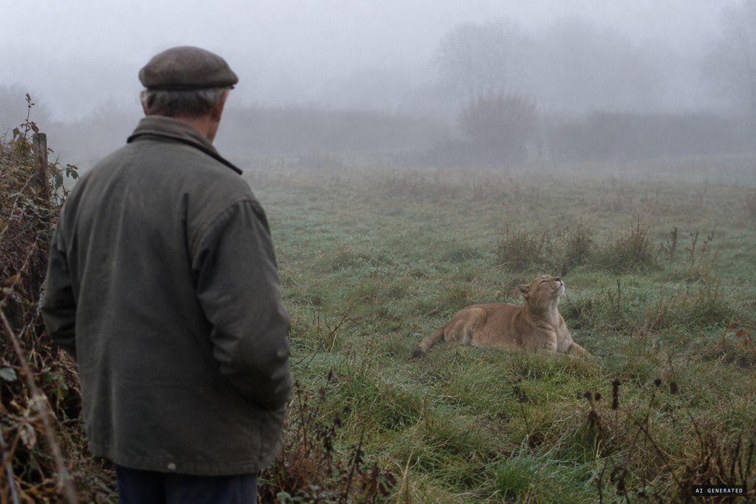 The farmer sees a large animal lying in the misty field, sniffing the air