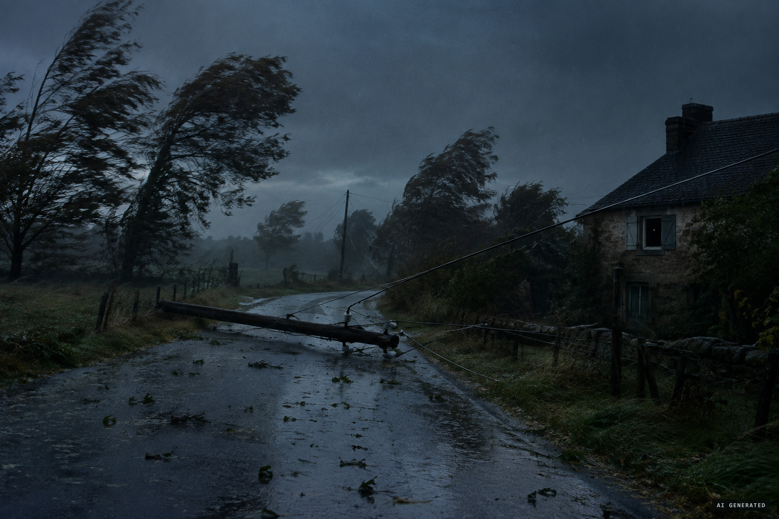 A severe storm brings down power and phone lines