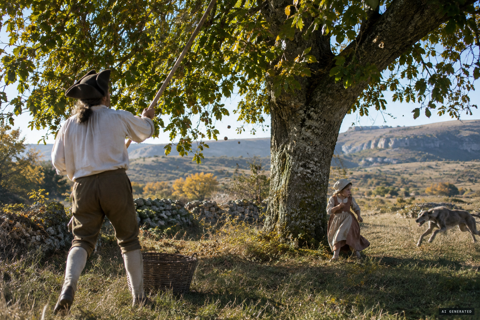 Julien knocks down walnuts as the beast seizes his daughter beneath the tree