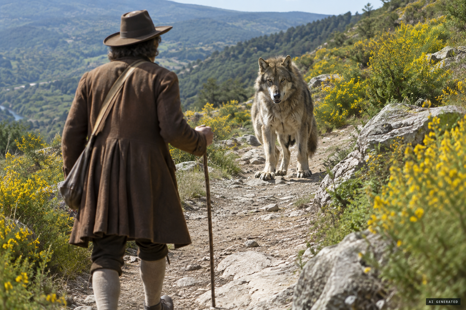 A traveller meets a very big wolf on the road to Villefort
