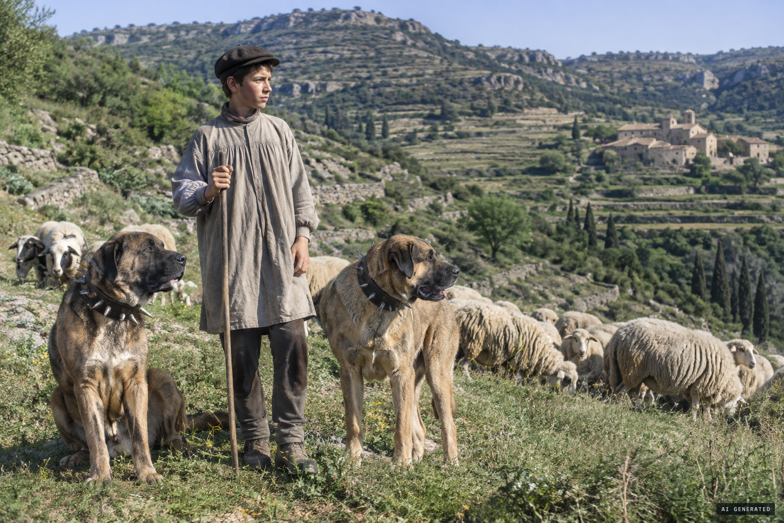 Young shepherds protected with large dogs
