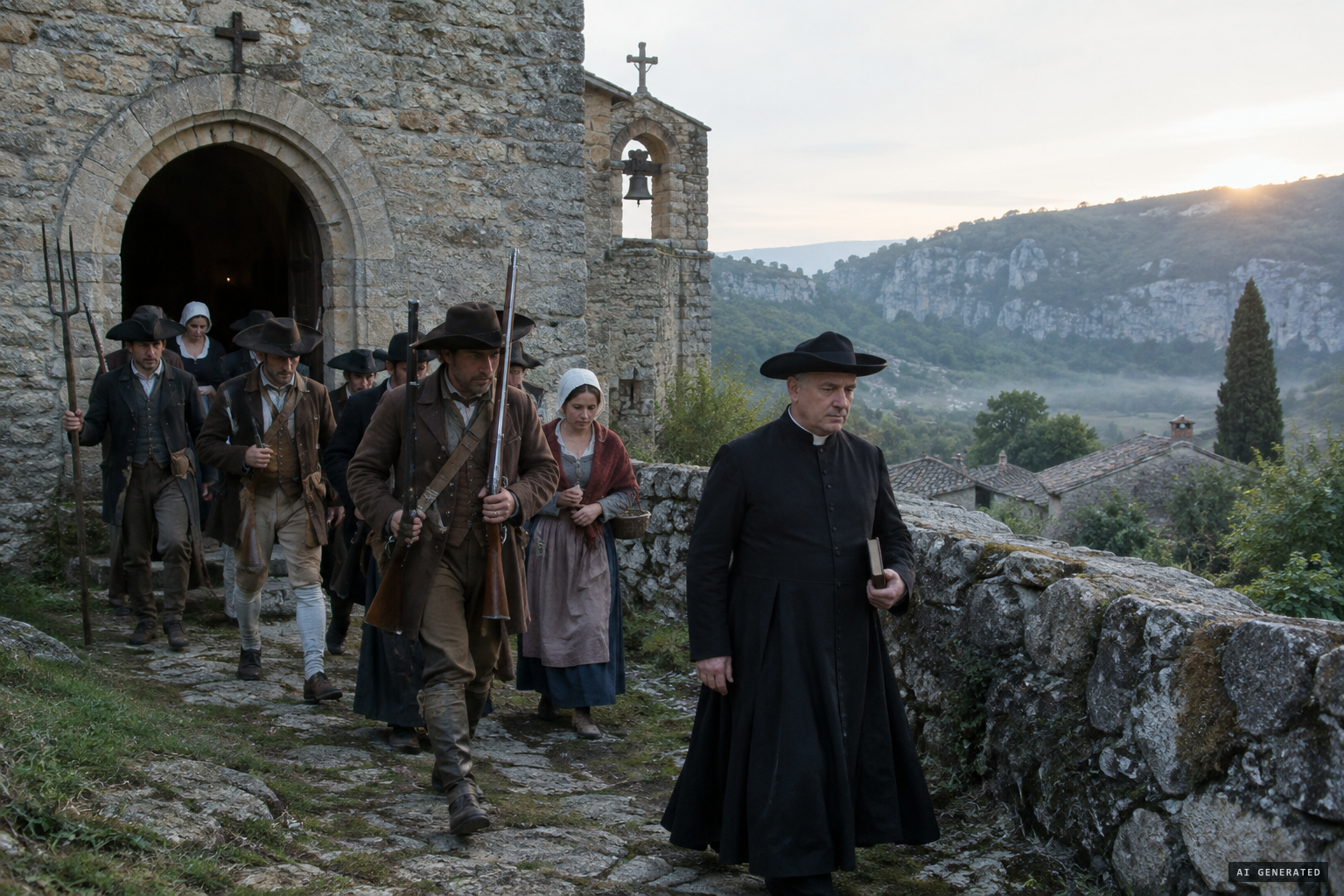 After Sunday mass, Abbé Meyrueitz leads the villagers on the hunt
