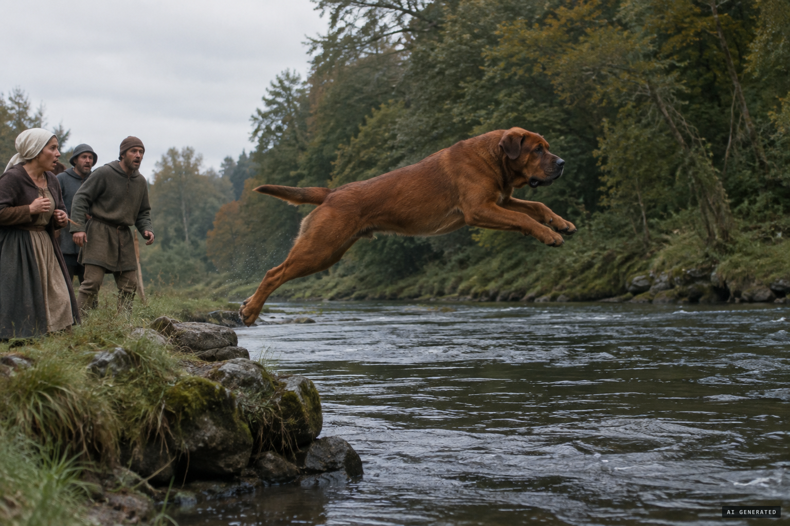 The beast leaps the river