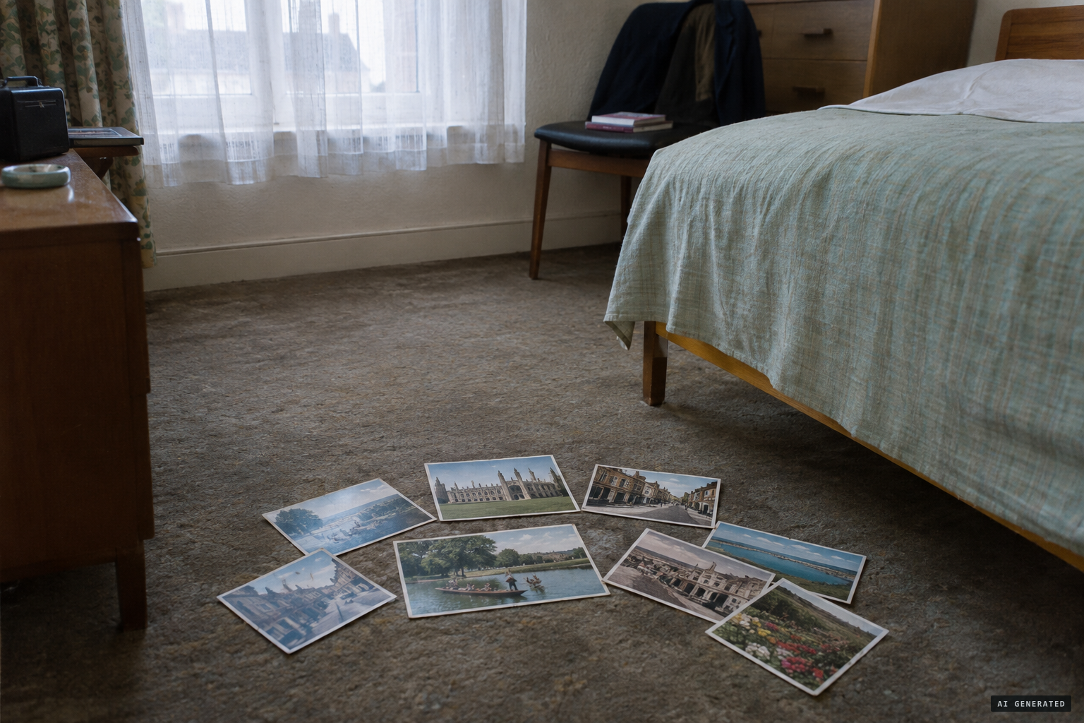 Postcards found on the floor by the bishop's bed, arranged at a 140-degree angle