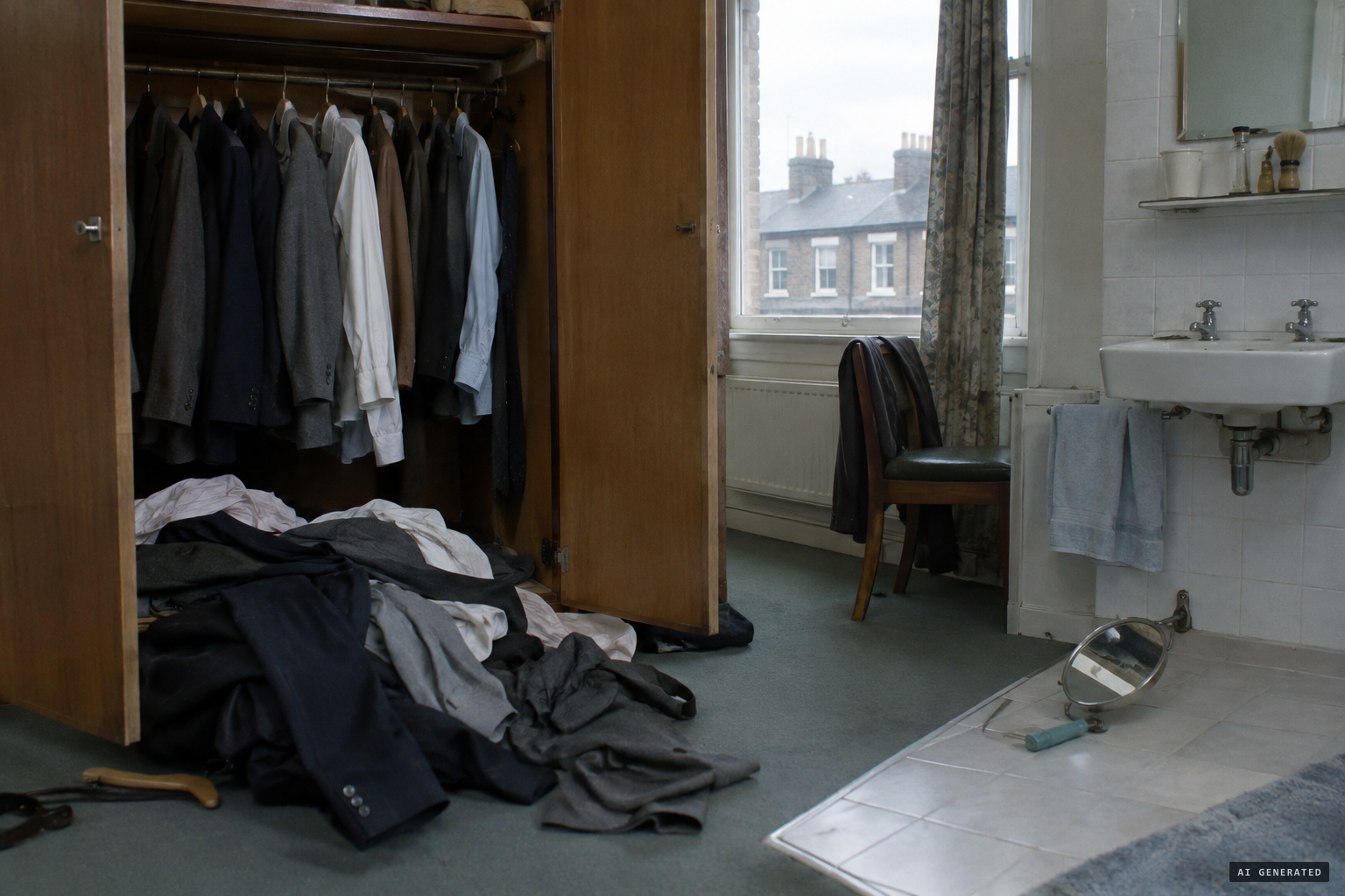 Clothes heaped up in the closet and the shaving mirror slid off its shelf