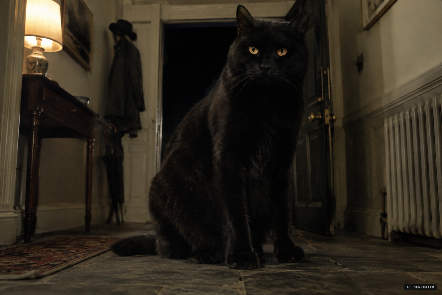 A black cat as large as a Dalmatian, with amber eyes, in the vestibule