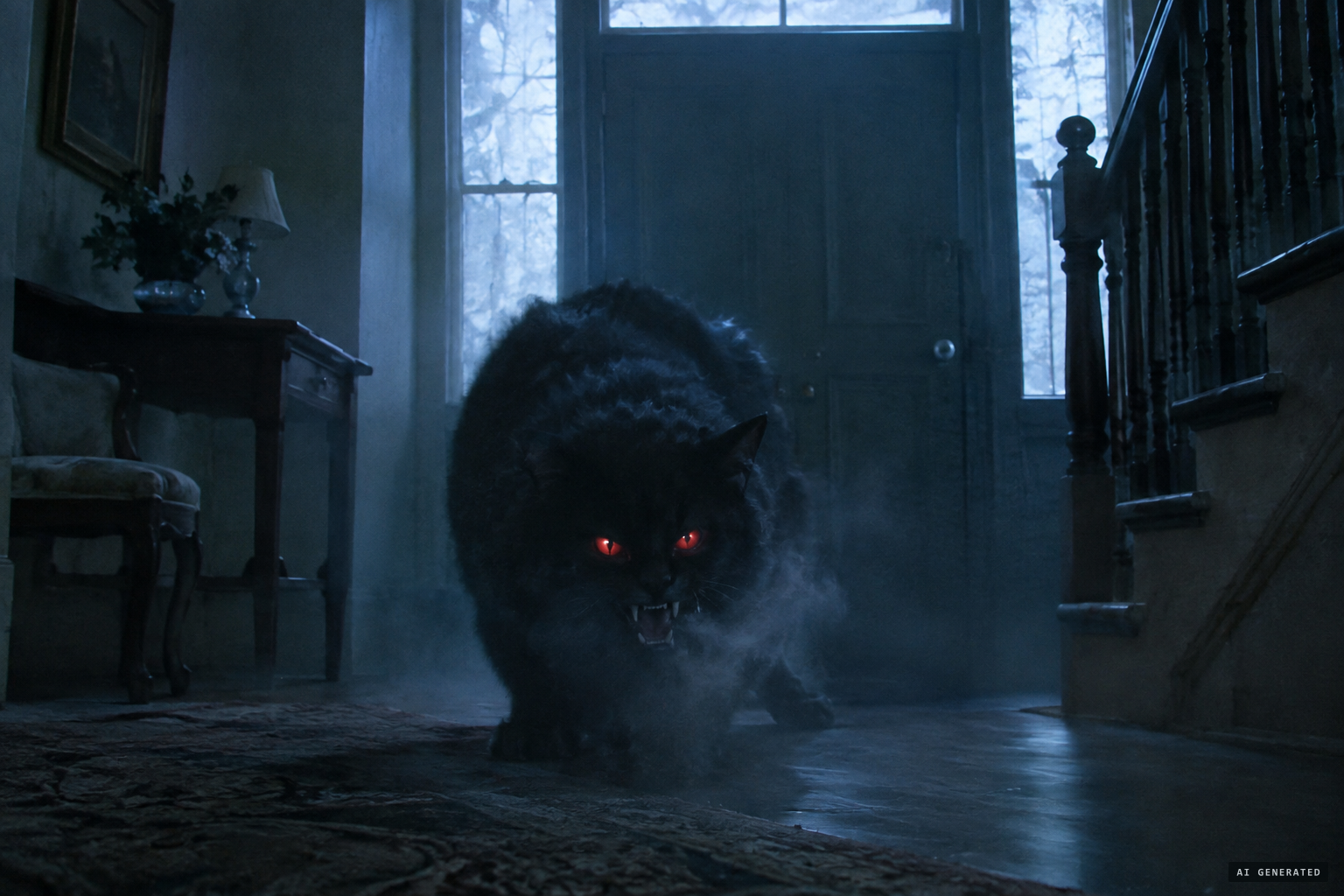 Later versions: glowing red eyes, a growl and a sudden chill