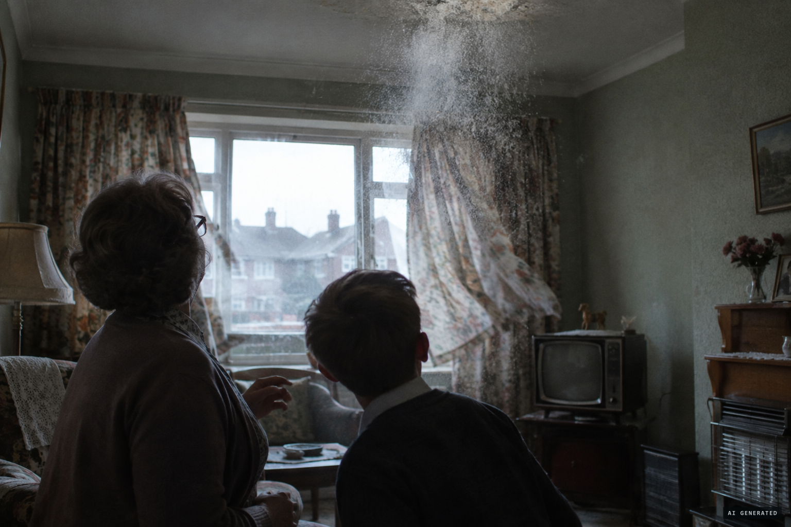 Chalk-like dust cascades from just below the ceiling