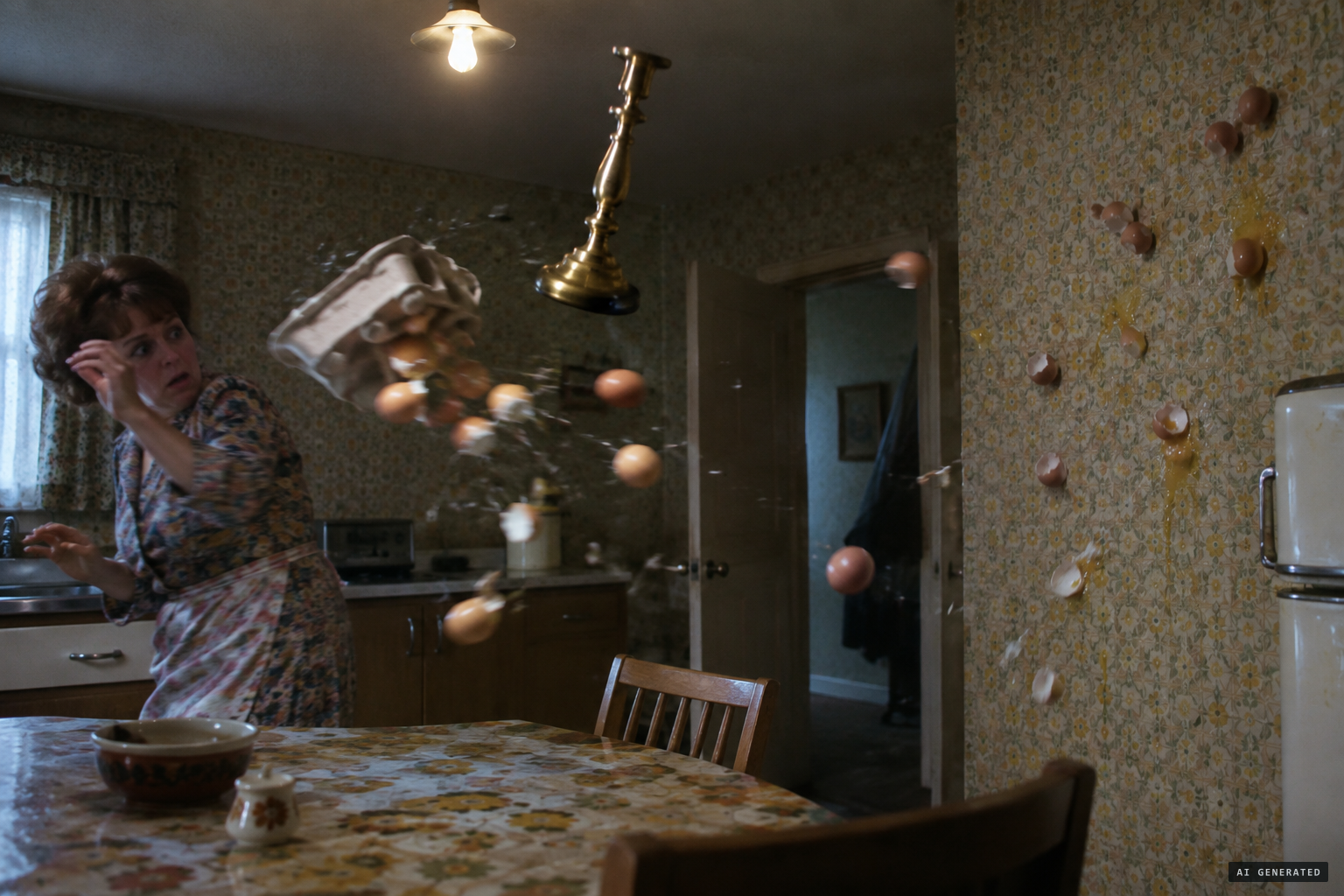 A candlestick floats and eggs smash against the kitchen wall