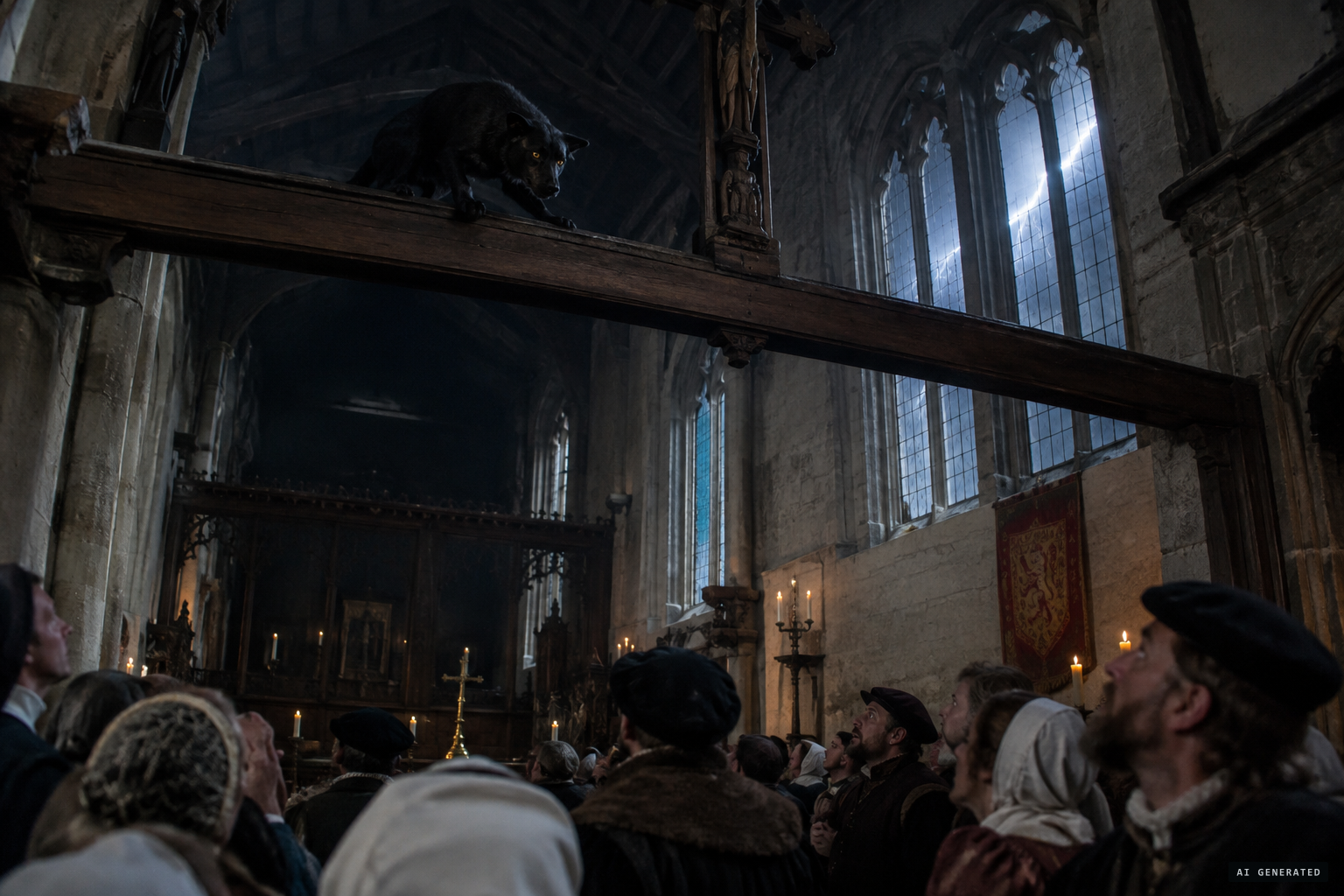 The creature perches on the beam where the rood stood