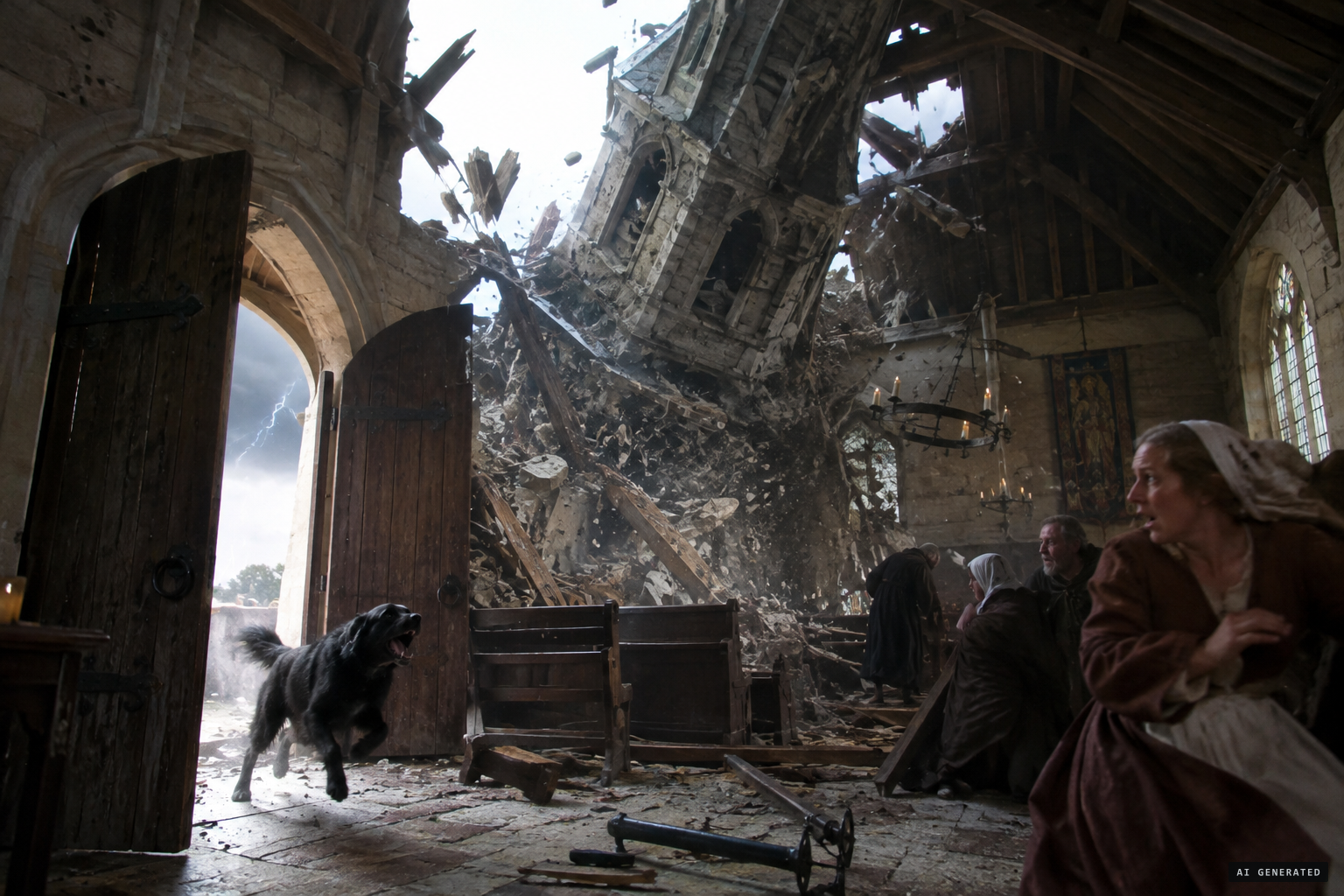 Later retellings: the dog bursts in and the steeple falls through the roof