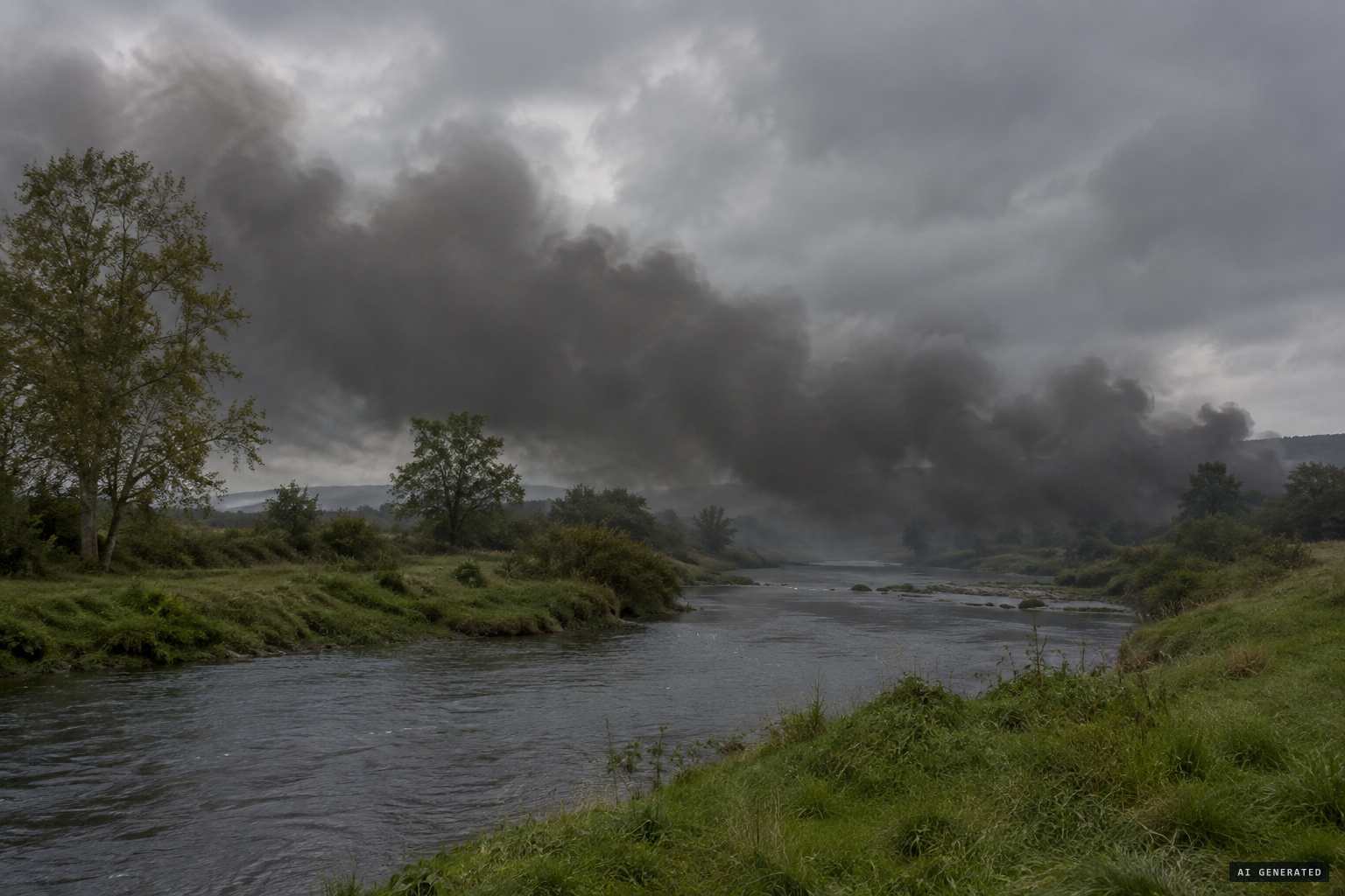A thick dark smoke hangs over the River Isla