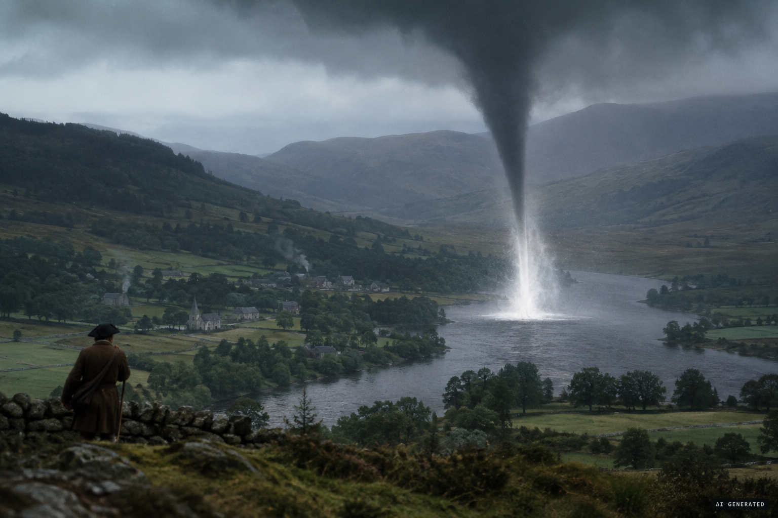 A tornado's funnel along the river valley, its lifted spray seeming to glow