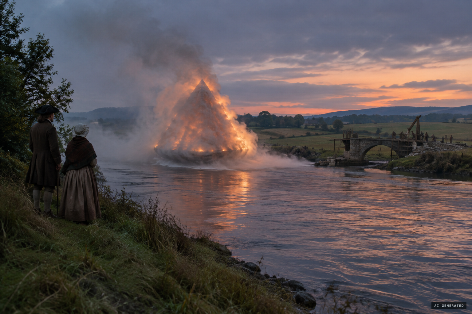 Smoke, then fire, then a pyramid rolling up the river