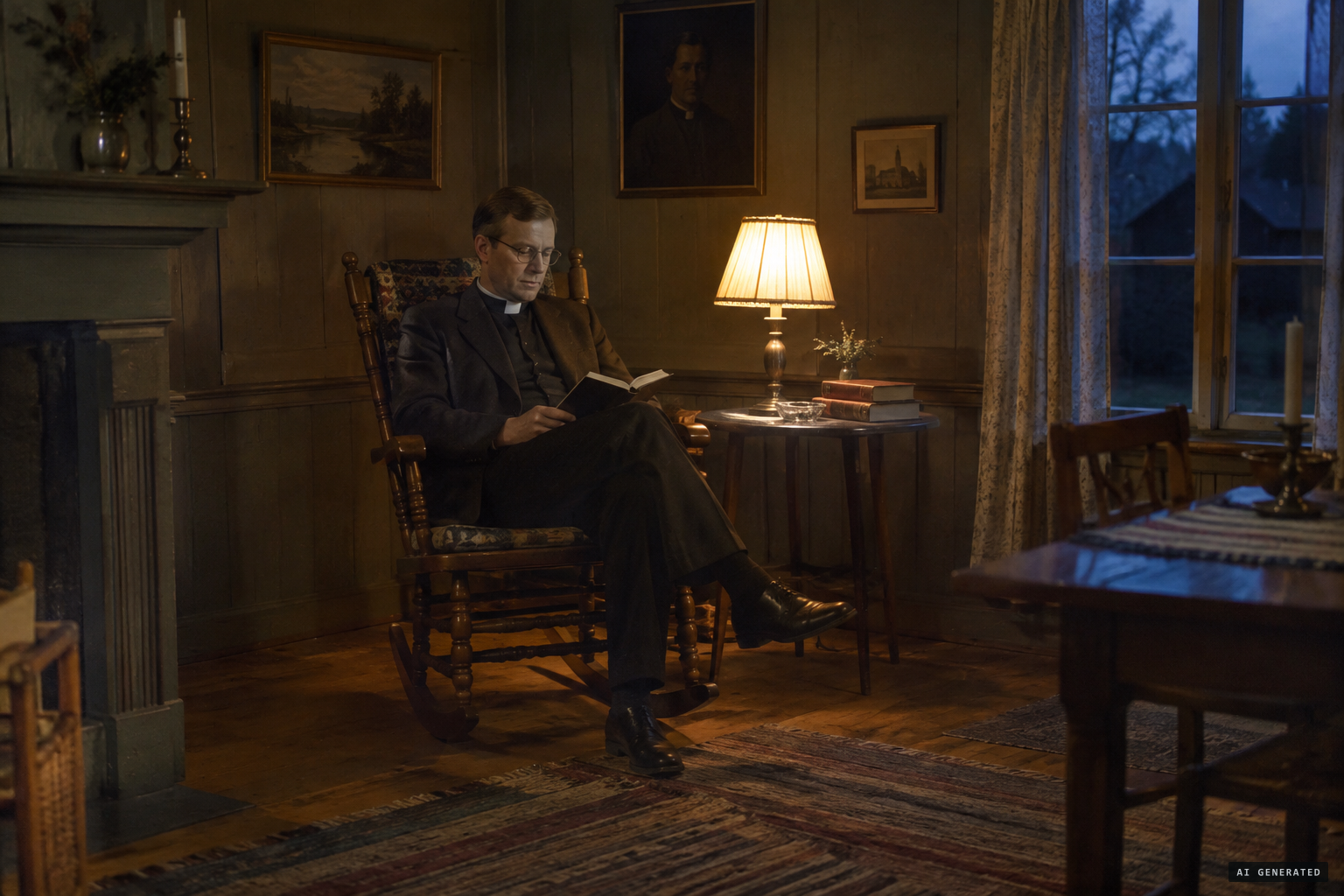 Lindgren reads in the rocking chair in the Great Hall.