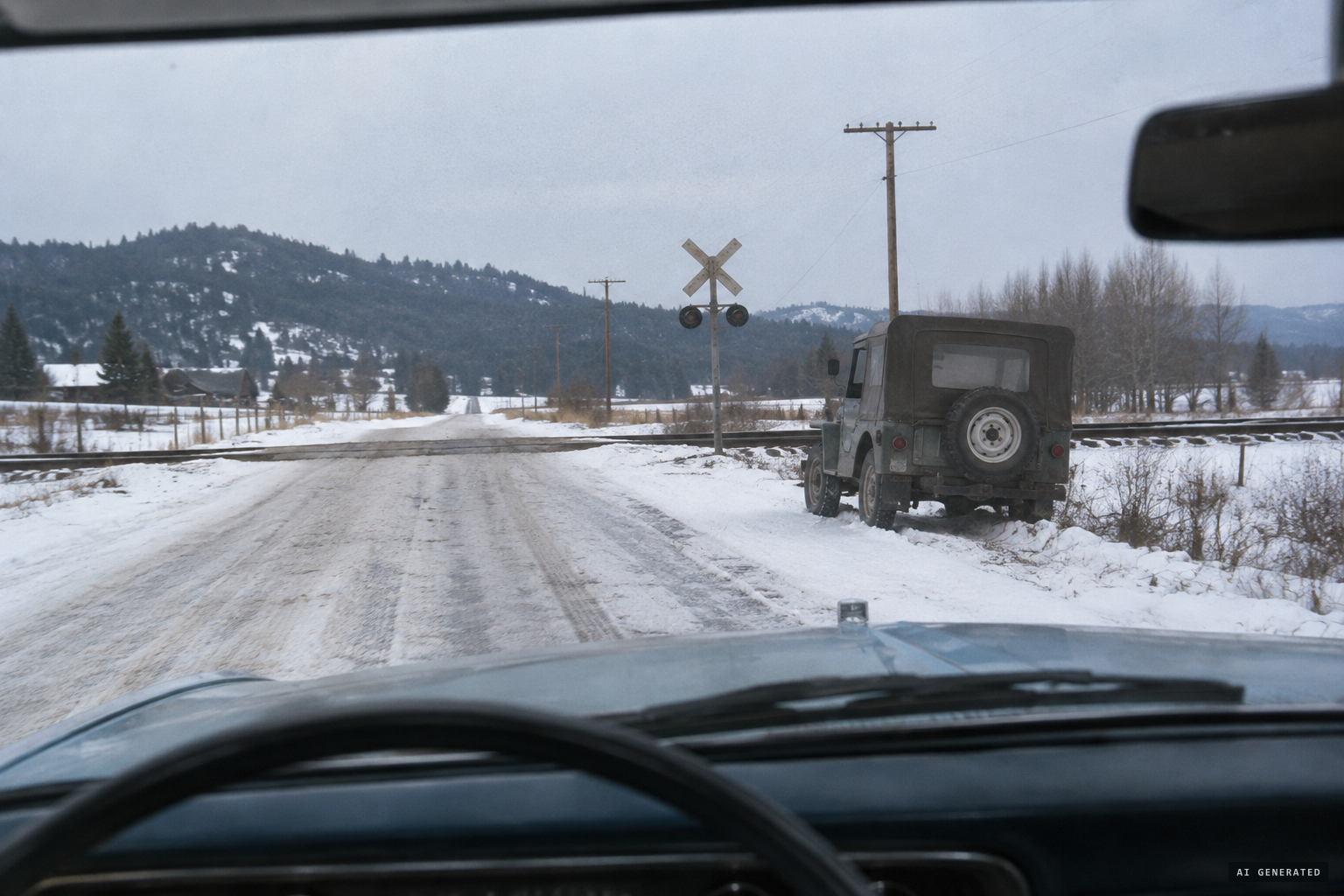Marx and Dahinden pass a Jeep parked near the railway crossing