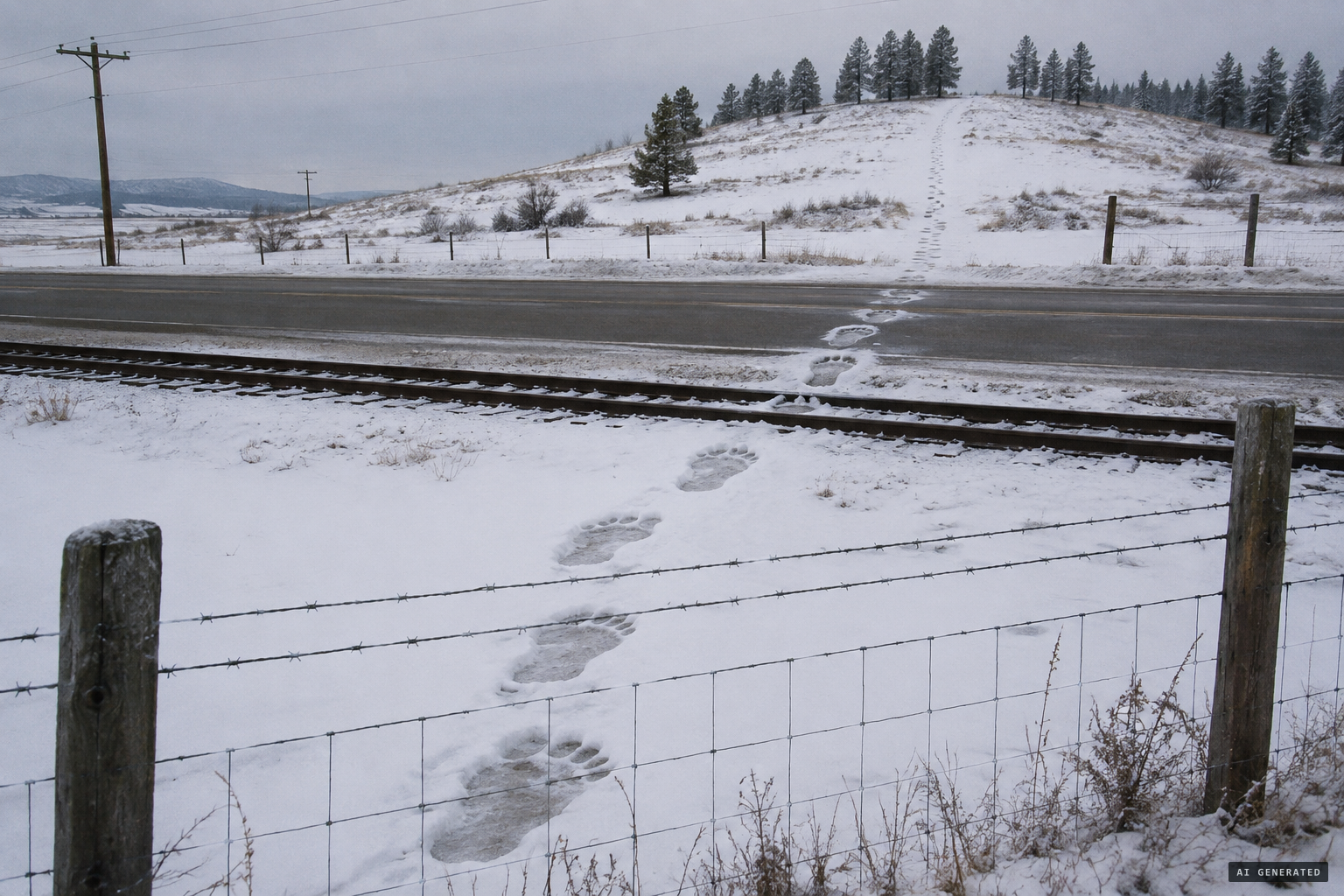 1,089 footprints cross the railroad, highway and a wire fence