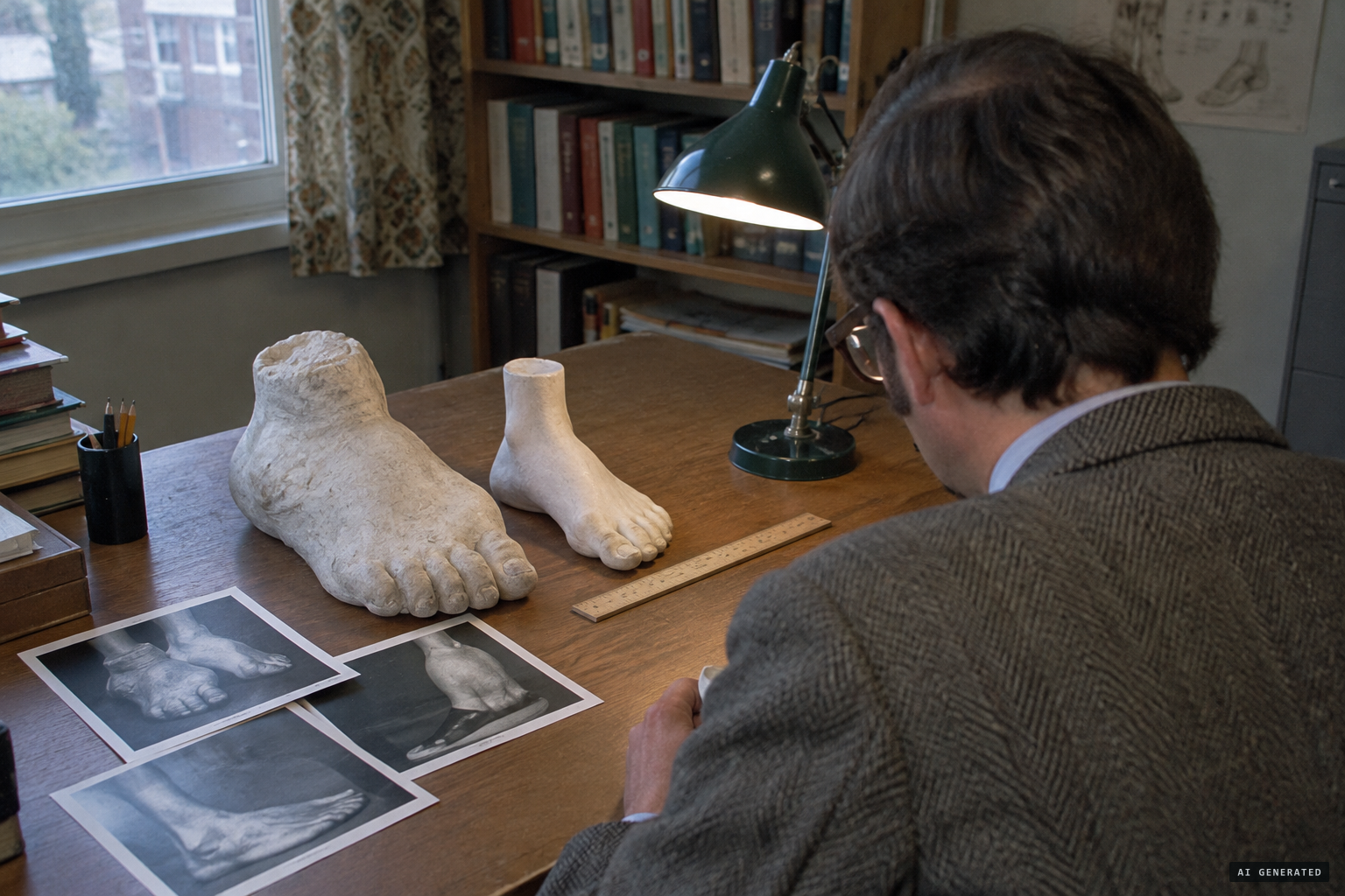 Primatologist John Napier studies the casts and diagnoses a clubfoot