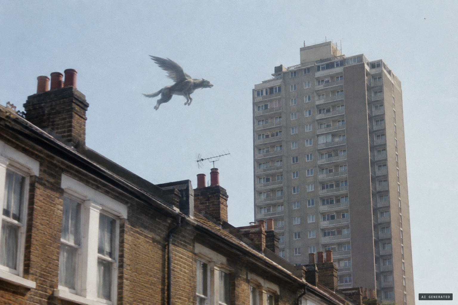 A dog with wings flying near the Green Dragon building