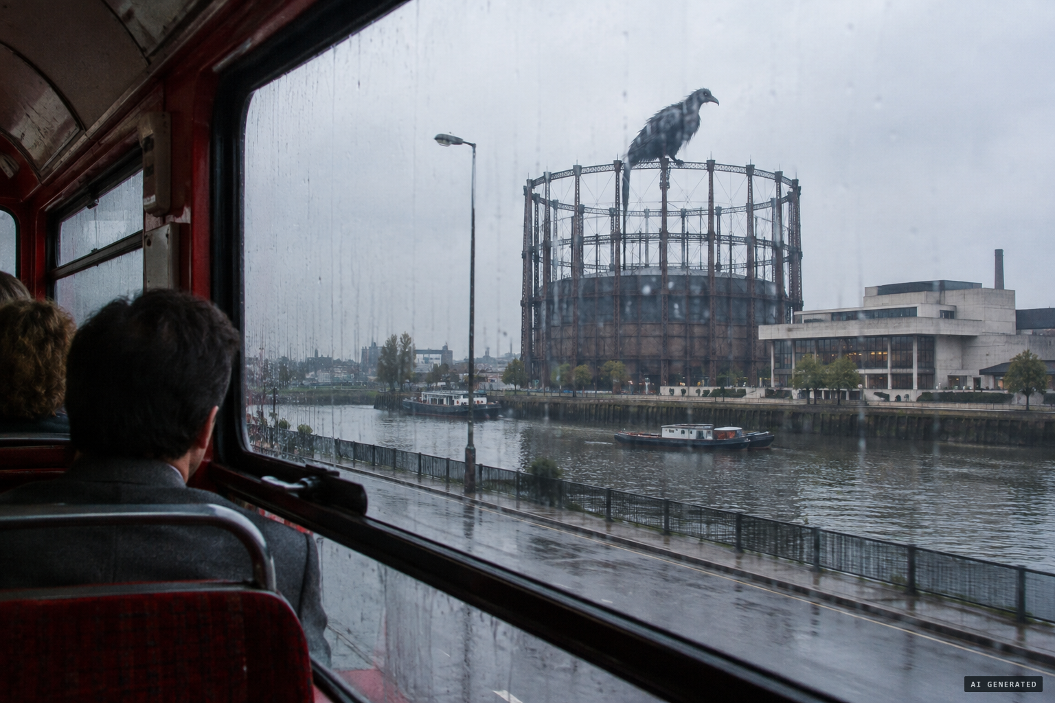 A giant black bird perched on the gasometer by the Watermans Arts Centre
