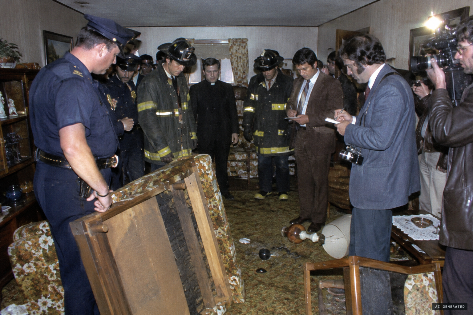 Police, firefighters, priests and reporters crowd into the house