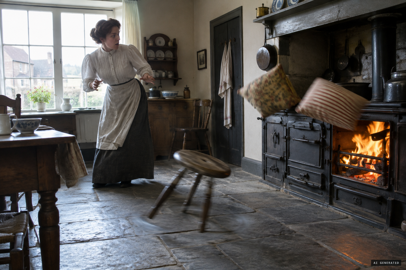 A three-legged stool dancing and cushions leaping into the fireplace