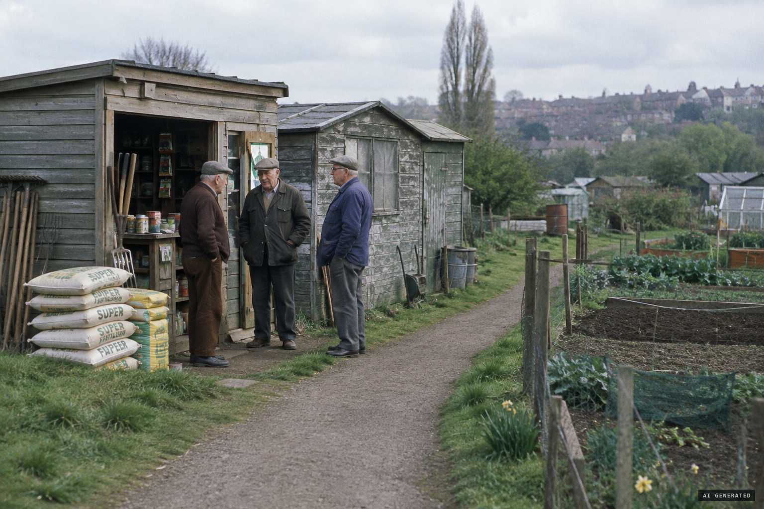 The Kentish Garden Guild sheds beside the Grove Park allotments, kept by three pensioners