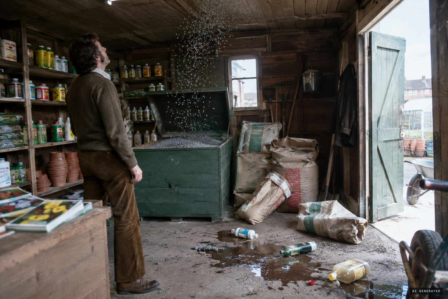 Fertiliser pellets rise from a bin to the ceiling