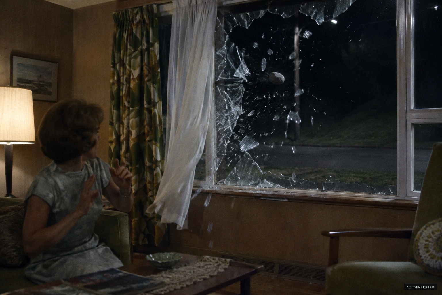 Stones thrown from the road above shatter the front windows