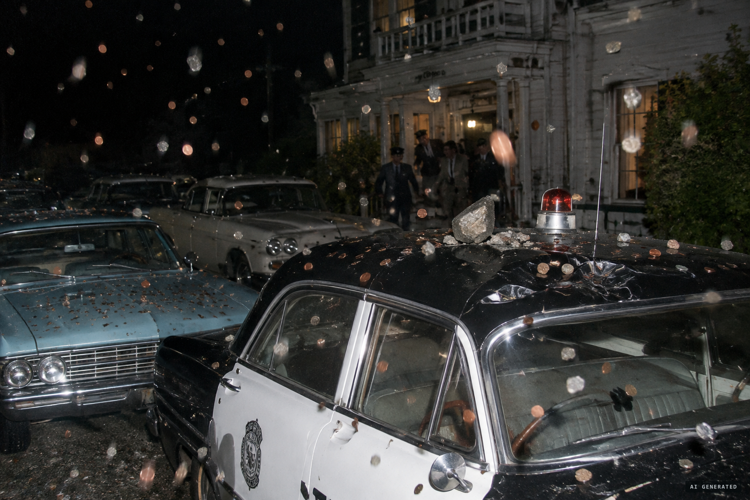 A constant stream of stones and pennies strikes windows and cars