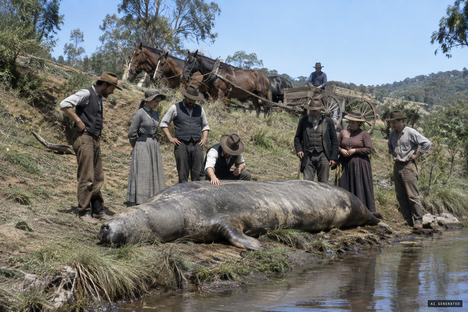 Locals come to examine the seal-like remains, as large as a bullock