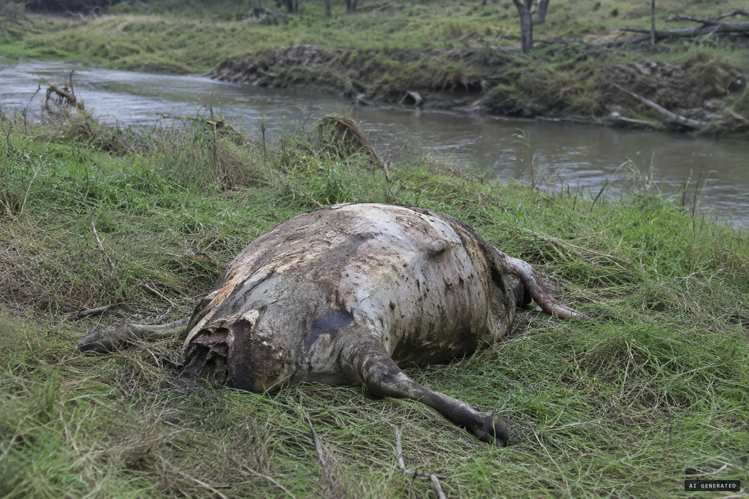 A plainer reading: a decomposed pig or bovine, its 'tail' a length of flesh