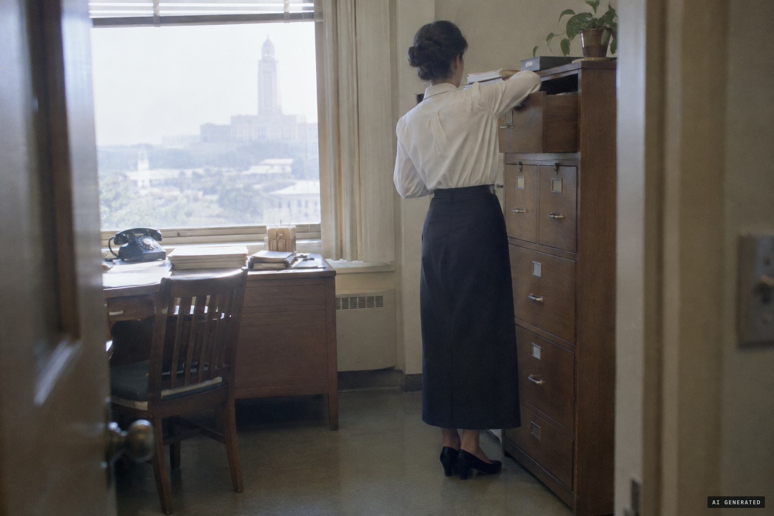A woman with her back turned, reaching up into a cabinet drawer