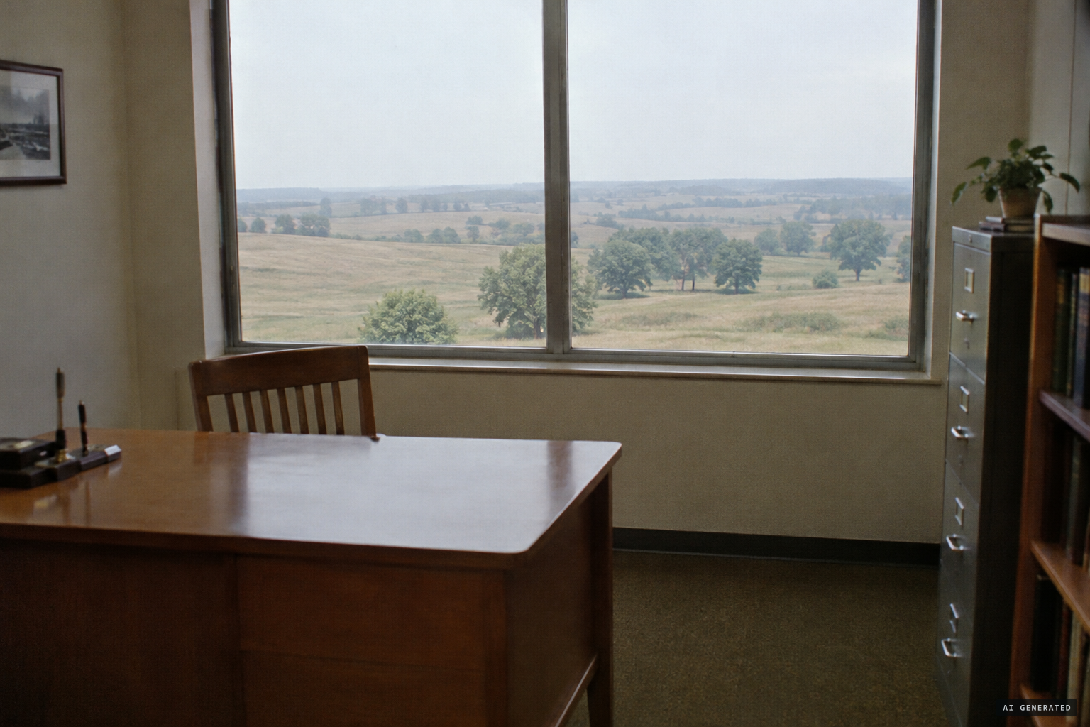 No one at the desk, and an older landscape through the window