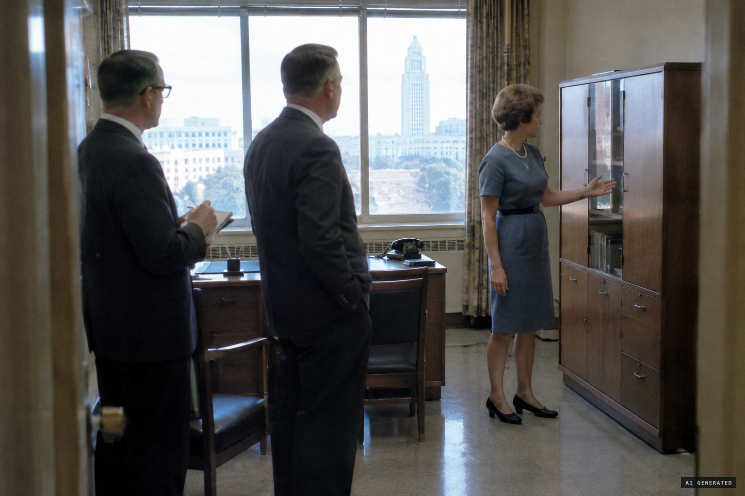 Gardner Murphy and Herbert Klemme study the room and interview the secretary